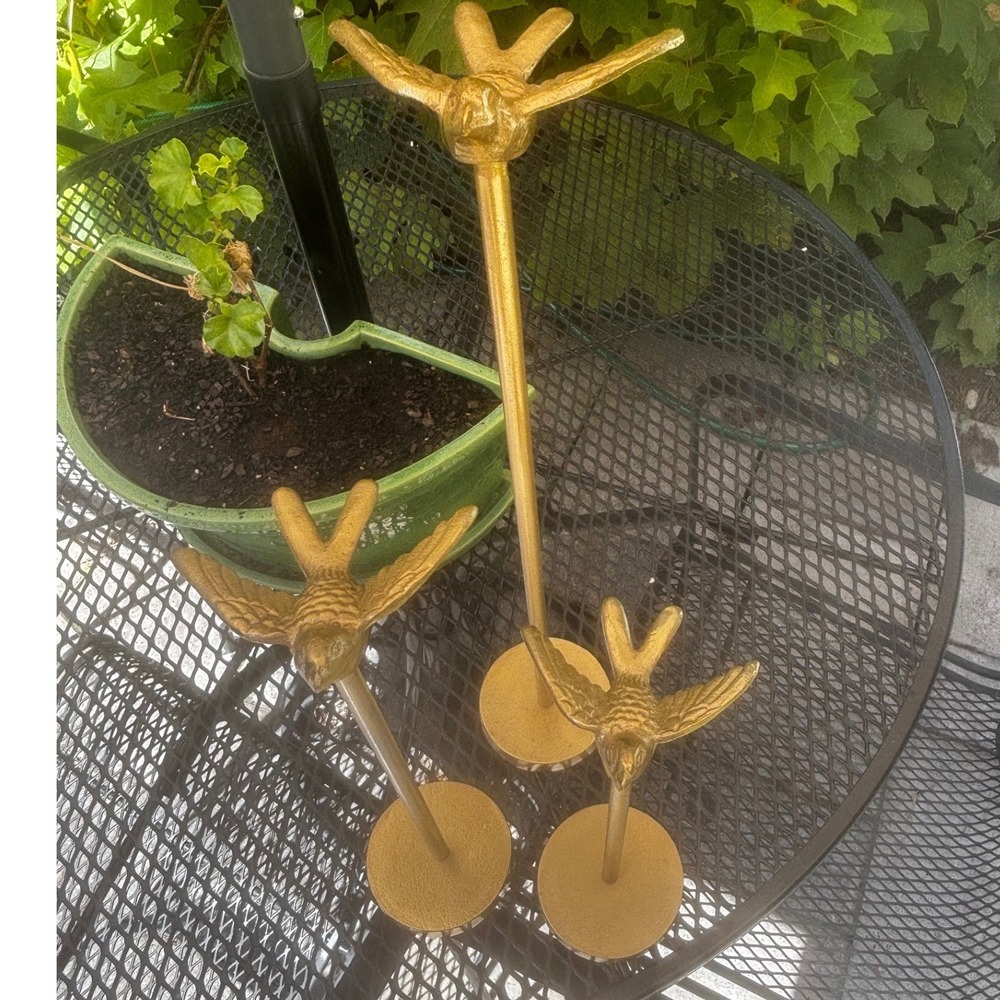 Pier 1 Imports Set of 3 Gold Bird Metal Decor Pedestal Stands Graduated Heights